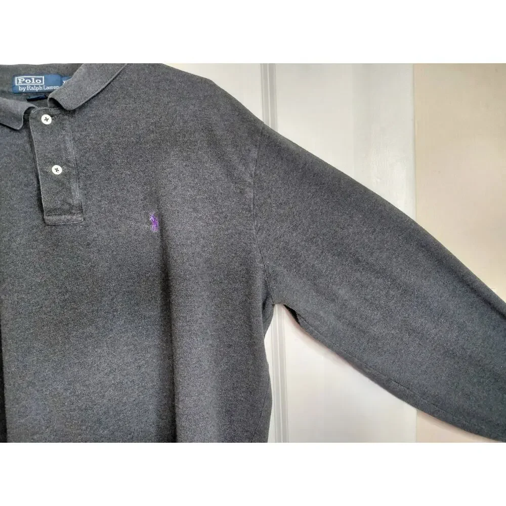 Polo Ralph Lauren Mens XL Long Sleeve Polo Shirt Gray Purple Pony Vintage Preppy